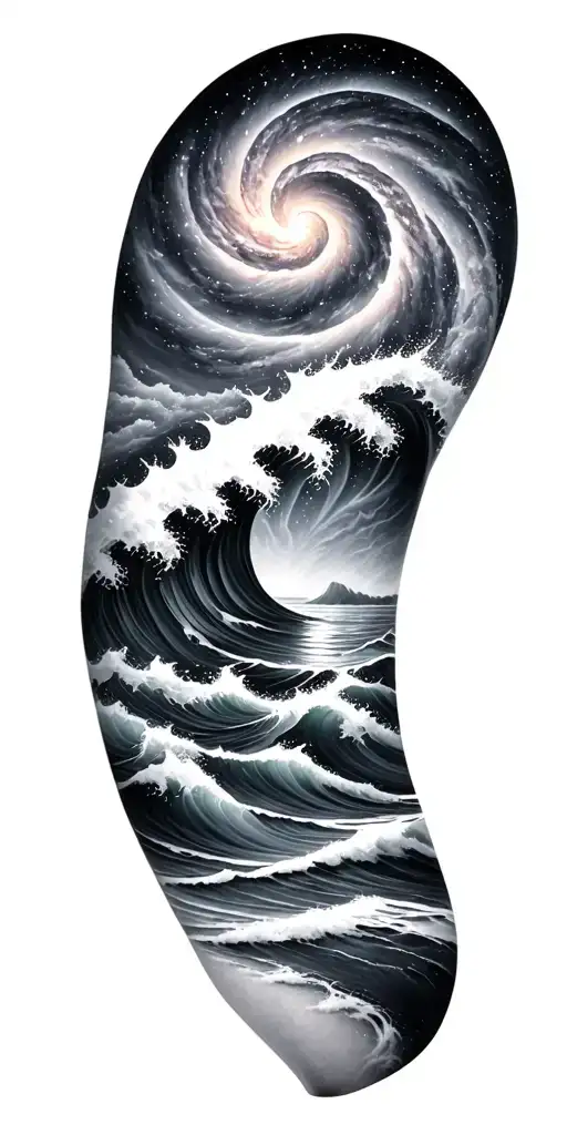 Black and grey sleeve: spiral galaxy above ocean waves, smooth transition, elegant and dark realism. tattoo design idea