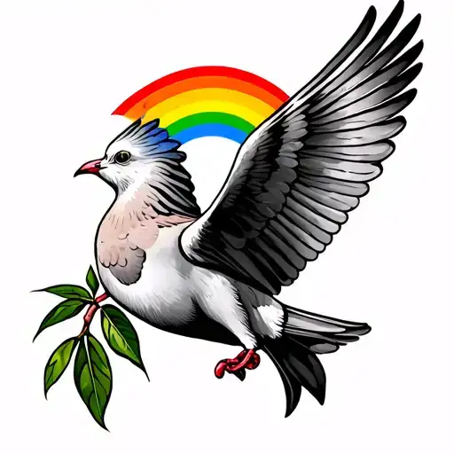 rainbow behind dove holding an olive branch in its beak realistic tattoo design idea