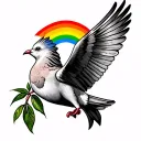 rainbow behind dove holding an olive branch in its beak realistic tattoo design idea