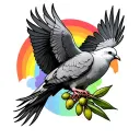 rainbow behind dove holding an olive branch in its beak realistic tattoo design idea