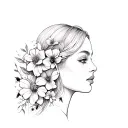 Beautiful blonde slightly with a profile with flowers and insects, black and white flowers and very realistic face, hyperrealism tattoo design idea