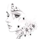 Beautiful blonde slightly with a profile with flowers and insects, black and white flowers and very realistic face, hyperrealism tattoo design idea