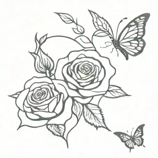 3 roses on vine with butterfly resting tattoo design idea