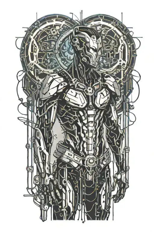 Cybernetic warrior standing in front of broken chains, glowing circuits on the body and light illuminating the path forw tattoo design idea
