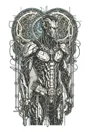 Cybernetic warrior standing in front of broken chains, glowing circuits on the body and light illuminating the path forw tattoo design idea