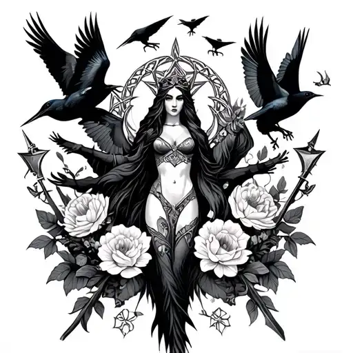 an image of the Celtic Goddess, the Morrigan. Surrounded by her associated flowers, weapons and multiple flying crows.  tattoo design idea