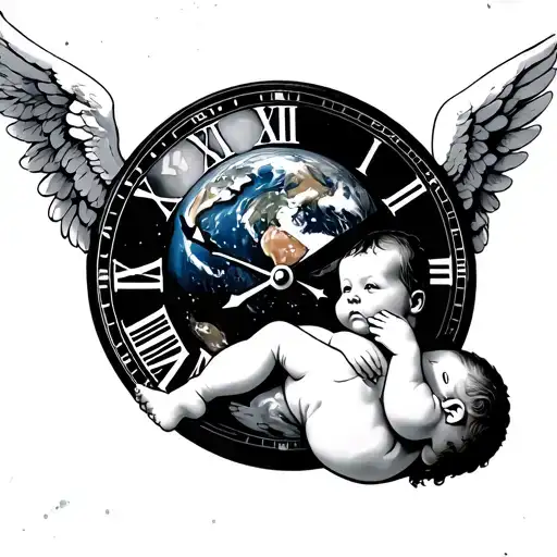 baby angel shushing over earth Roman, numeral clock above baby tattoo design idea