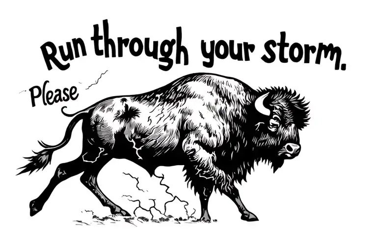 Buffalo, running through a lightning storm into a clearing with words that say, run through your storm.PleaseBuffalo, ru tattoo design idea