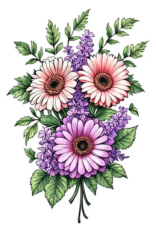 roses, gerberas and lilacs  tattoo design idea
