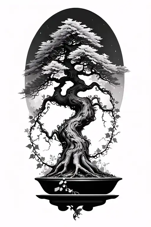 a bonsai tree, with vines and ivy around, also on the forearm the words 'but if I lack love then I am nothing at all , I tattoo design idea