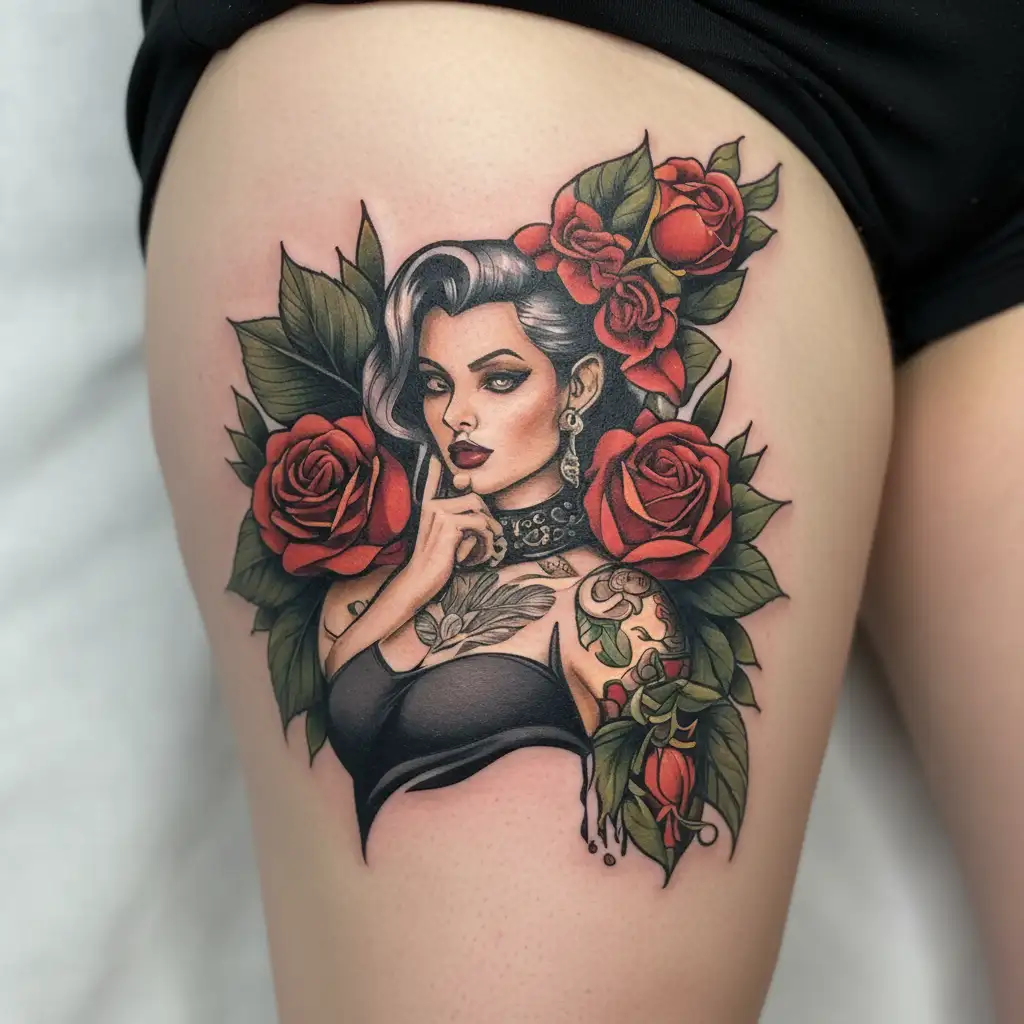 girl, roses, brush dollars and Versace tattoo design idea