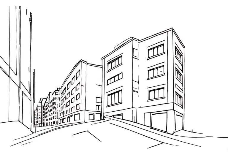 An urban street corner, seen from a slightly oblique perspective, as if the eye were resting a few meters above the grou tattoo design idea