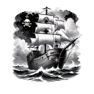 pirate scene featuring ship sailing through stormy seas with skull and cross bones and trasure chest and compass tattoo design idea