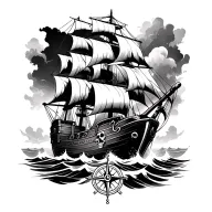 pirate scene featuring ship sailing through stormy seas with skull and cross bones and trasure chest and compass tattoo design idea