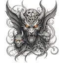 one demon face where the other is an angel which splinters and Cerberus is the demon's protector tattoo design idea