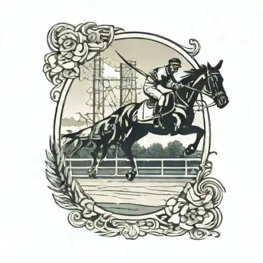 A traditional style tattoo of a cricket field with horses running in the background tattoo design idea