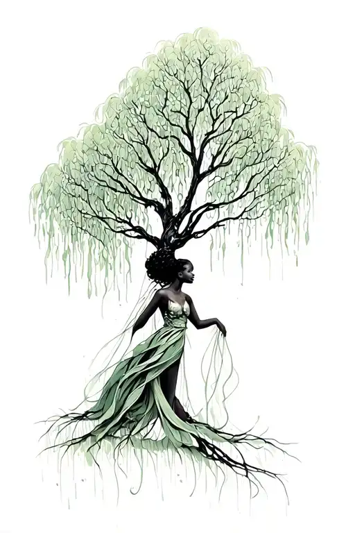 a black woman as a weeping willow tree  tattoo design idea