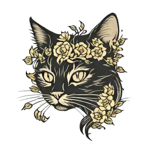 Cat outline with flowers and semicolon incorporated tattoo design idea