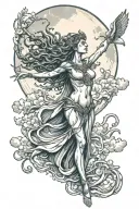 wisdom goddess full body standing reaching out powerful sexy full moon rising tattoo design idea
