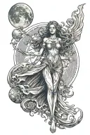 wisdom goddess full body standing reaching out powerful sexy full moon rising tattoo design idea