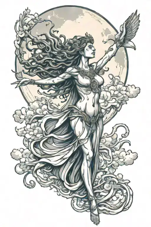 wisdom goddess full body standing reaching out powerful sexy full moon rising tattoo design idea