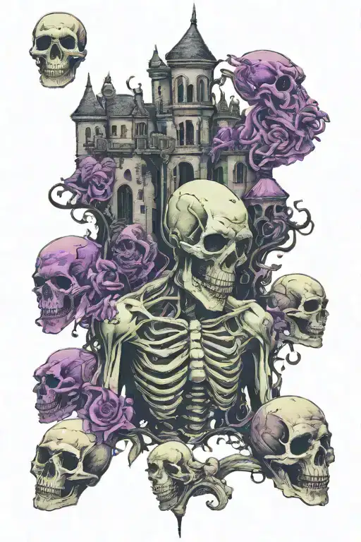 Half body upper torso necromancer with skull face, raising zombies with a Gothic castle in the background tattoo design idea