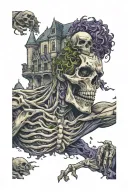 Half body upper torso necromancer with skull face, raising zombies with a Gothic castle in the background tattoo design idea