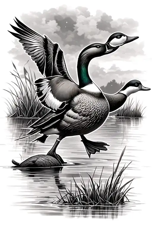 marsh duck hunting scene tattoo design idea