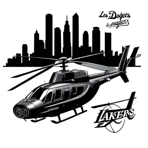 Los Angeles skyline, helicopter, lowrider, dodgers logo, lakers logo tattoo design idea