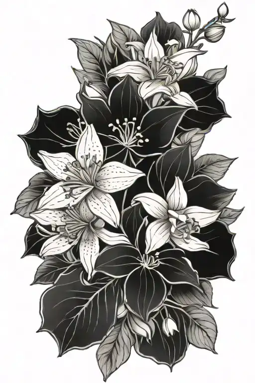 line work floral wrap with 1 holly, water lily, daffodil, Daisy, Chrysanthemum, Rose, Iris, and Lily of the Valley  tattoo design idea