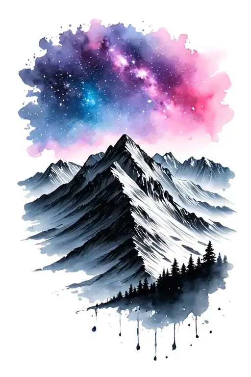 black and white mountain scene with pink purple and blue watercolor night sky with stars tattoo design idea