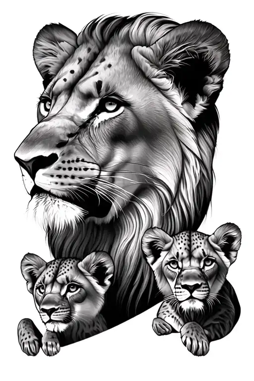 lion, lioness, 4 cubs face only tattoo design idea