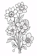 A bouquet with one daffodil,  two daisies, one rose, one hawthorn flower tattoo design idea