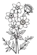 A bouquet with one daffodil,  two daisies, one rose, one hawthorn flower tattoo design idea