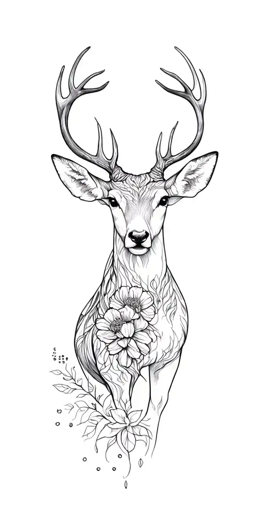 "You do not yield " Delicate floral sleeve, Aries Cancer zodiac, stag silhouette, dotwork flames, feminine ethereal black and grey tattoo design idea