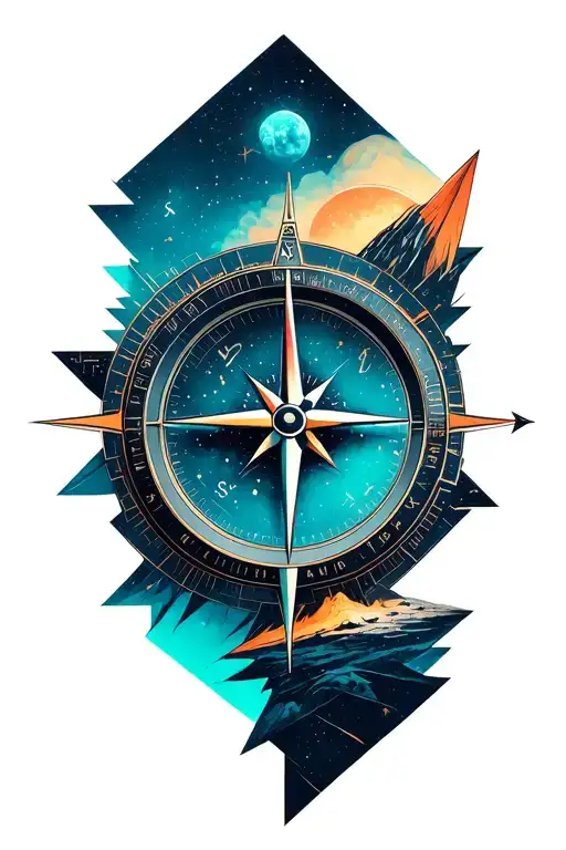 A geometric space landscape inspired by technology incorporating a small amount of cyan. add compass as main element  tattoo design idea