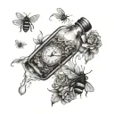 time in a bottle, clocks with bees wings, bees flying to bottle tattoo design idea
