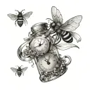 time in a bottle, clocks with bees wings, bees flying to bottle tattoo design idea