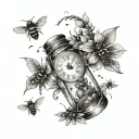 time in a bottle, clocks with bees wings, bees flying to bottle tattoo design idea