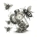 time in a bottle, clocks with bees wings, bees flying to bottle tattoo design idea