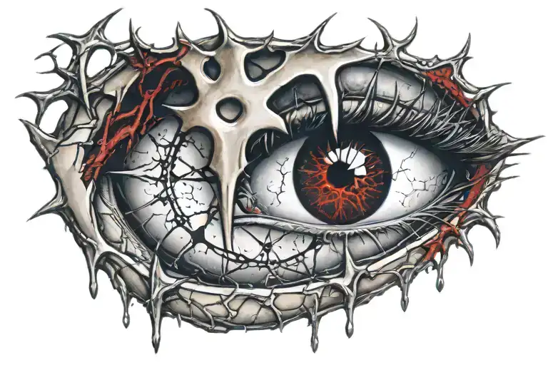 Realistic human eye, satanic pentagram, blood splatter, veins, Satan, Satanic. Metal bloody thorns tattoo design idea