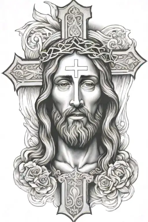 cross with the face of Jesus Christ inside  tattoo design idea
