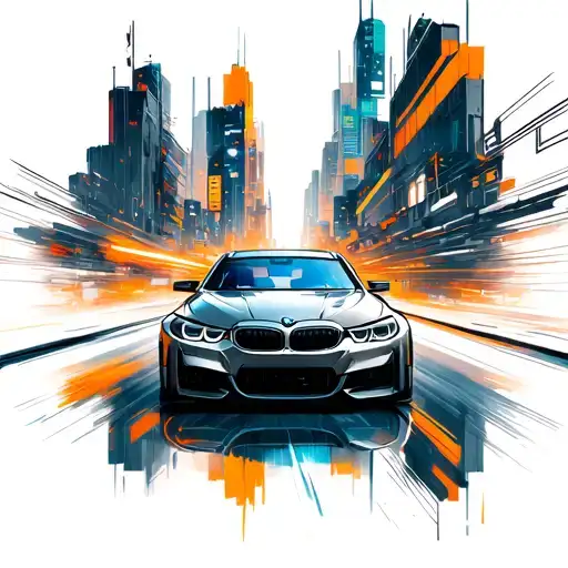 A new-school design featuring a futuristic music-themed cityscape with a BMW F30 2012 speeding through the streets tattoo design idea