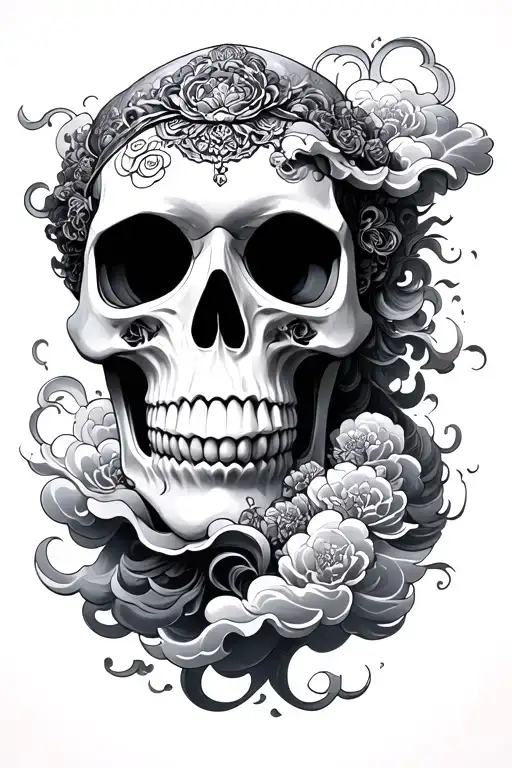 Chinese skull and clouds floating tattoo design idea