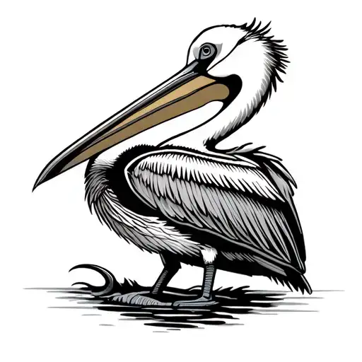 Pelican standing on a fly reel tattoo design idea