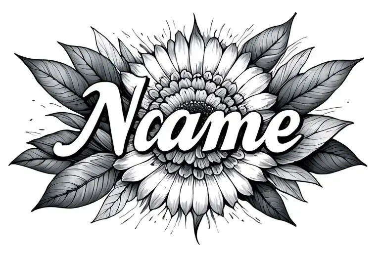 name in middle heavenly flower / sun shining light tattoo design idea