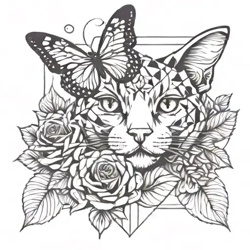 Cat with Roses and Butterfly tattoo design idea