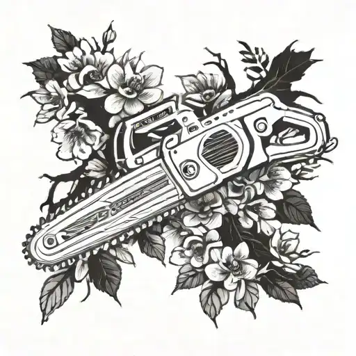 A chainsaw transforming into a blossoming tree tattoo design idea