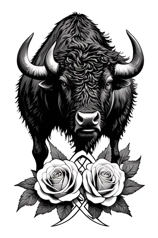 bison facing storm with 3 roses around a trinity knot tattoo design idea