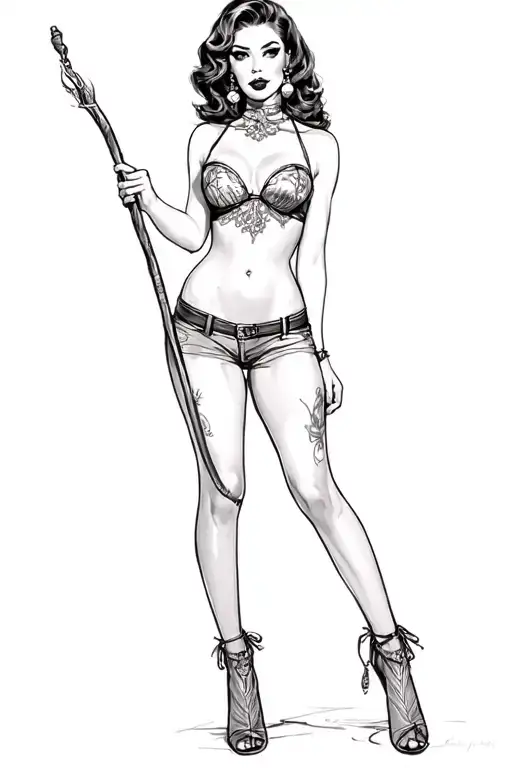 pin up girl full body black and grey holding long stick between legs tattoo design idea
